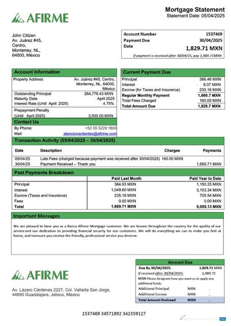 Download Mexico Banca Afirme mortgage statement Word and PDF template Photoshop template